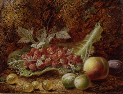 Still life of raspberries, gooseberries, peach and plums on a mossy bank by Oliver Clare